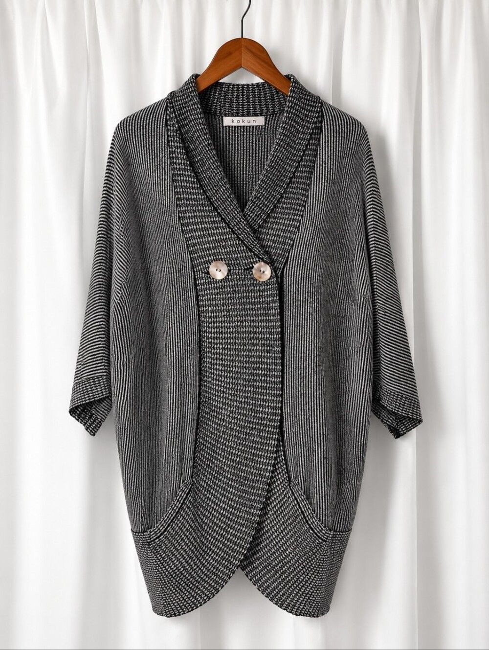 Kokun Cashmere Black White Stripe Oversized Cocoon Cardigan Two Button Sweater